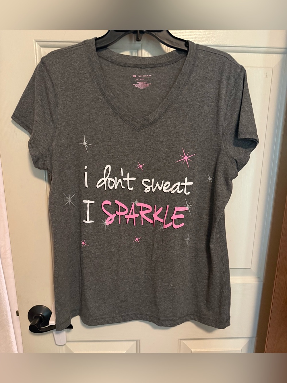 tek gear Charcoal Gray V-Neck Tee with Pink & White Sparkle Script